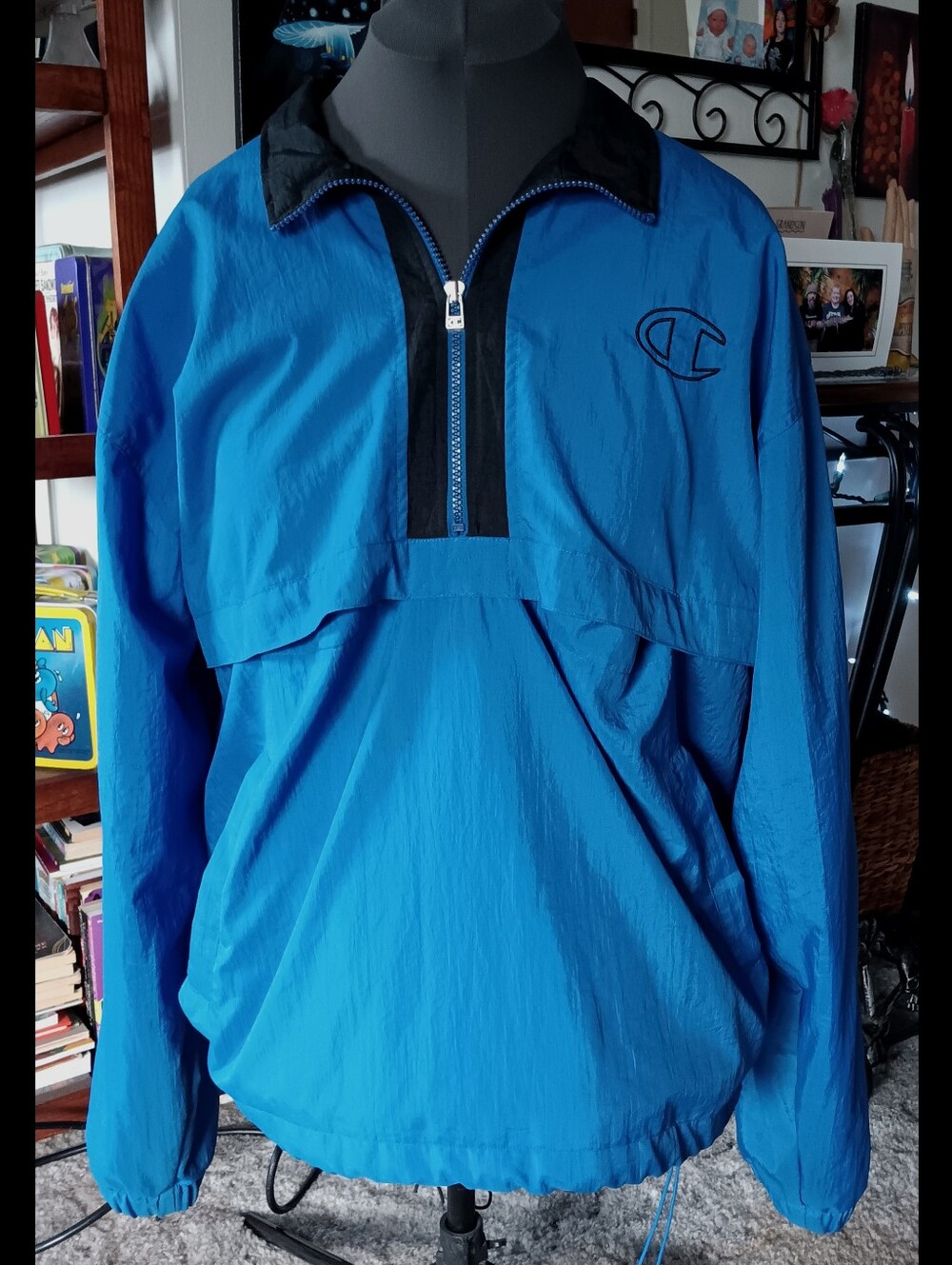 💙 Vintage Champion Half Zip Windbreaker Jacket Blue Pullover Large Y2K 90s Mesh